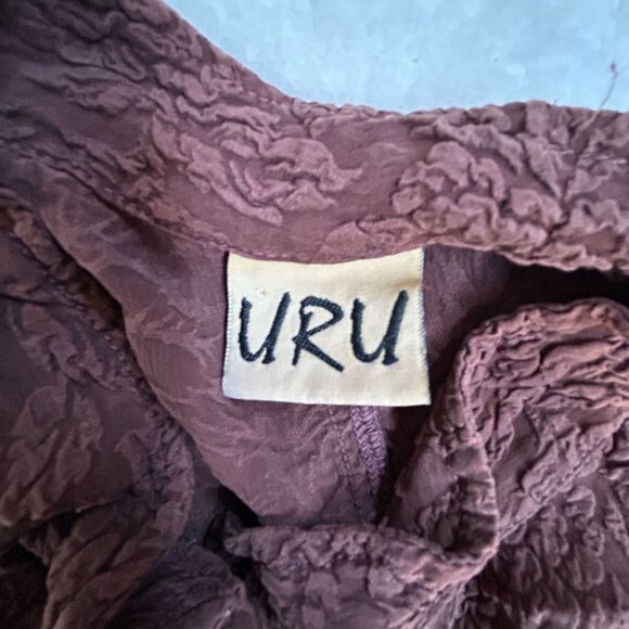 URU Womens Textured Floral Pattern Silk Button-Up Shirt Jacket Maroon 3/4 Sleeve - Picture 3 of 8